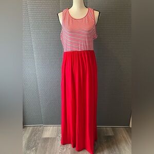 Red and White Striped Maxi Dress With Pockets
